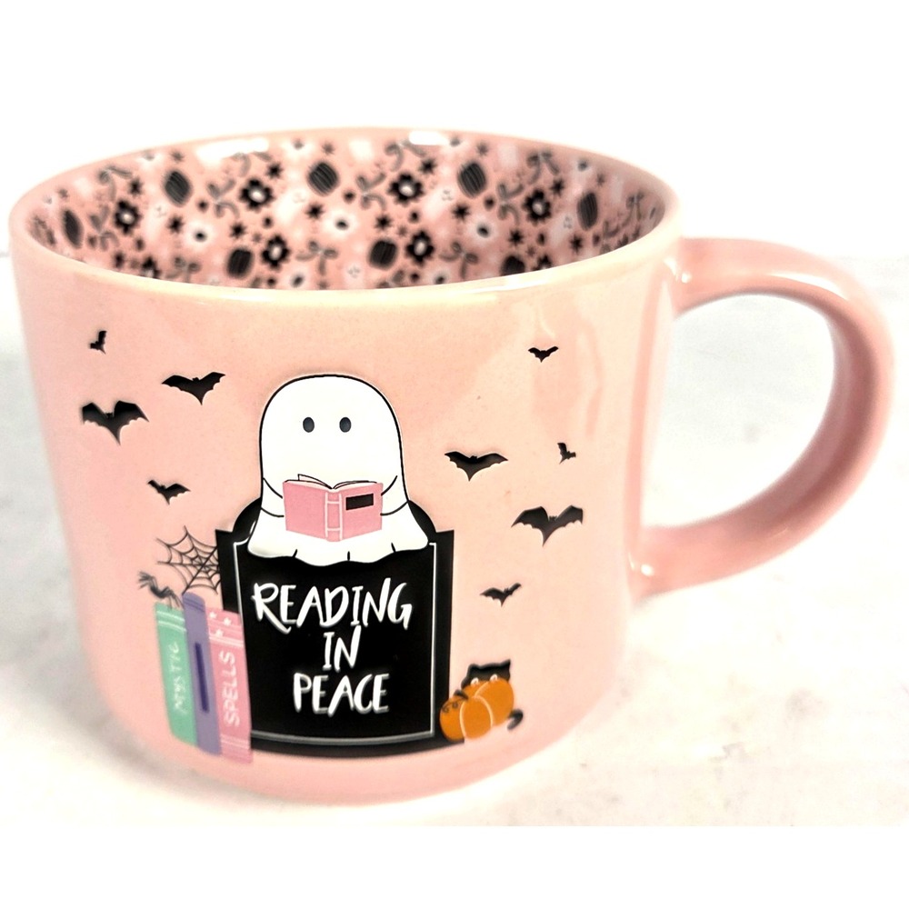 Pink Halloween Ghost Mug Reading In Peace Books Bats Pumpkins Ceramic 16 Oz